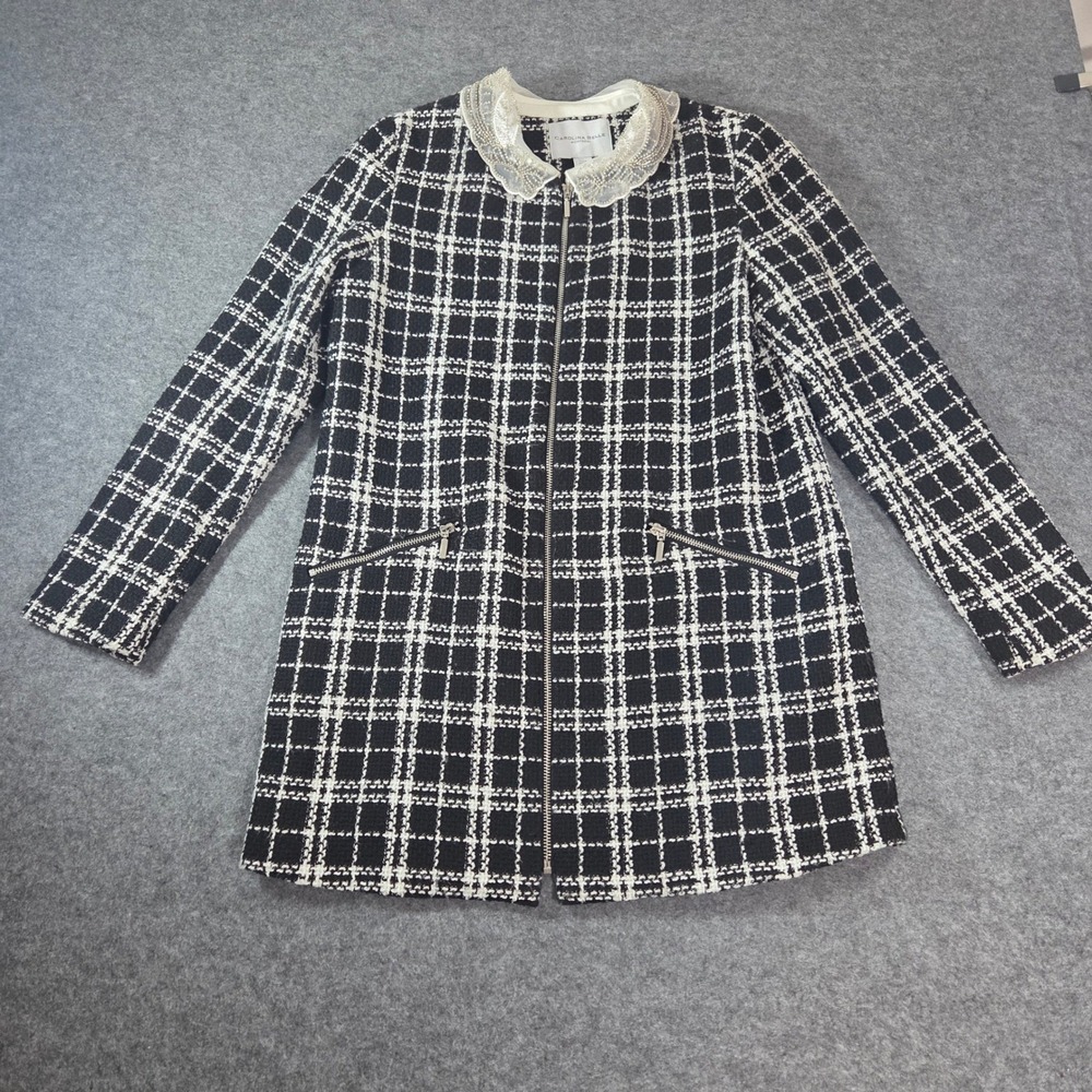Carolina Belle Womens S Tweed Jacket Black White Beaded Pearl Collar Zip Coat